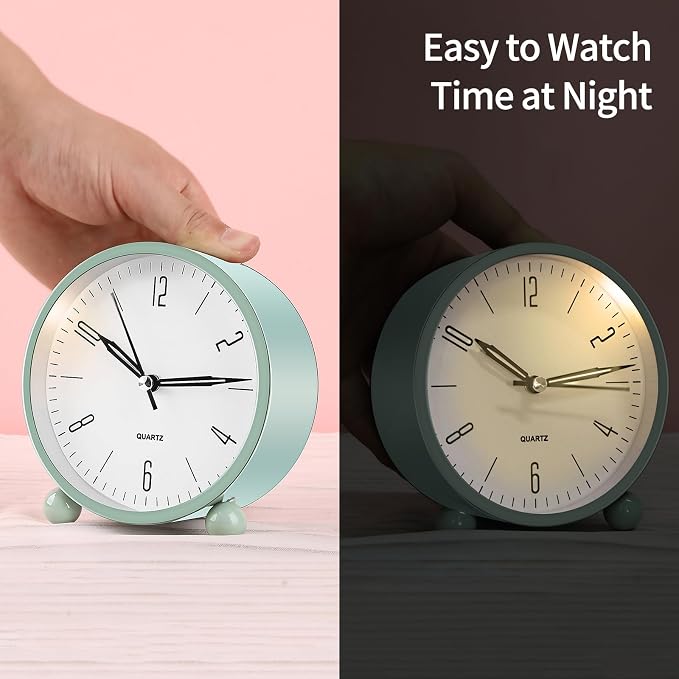 pxy Cute and Safe Alarm Clock for Kids Battery Powered (Battery Include), 4" Analog Super Silent Analog Alarm Clock with Night Light510 Green&White
