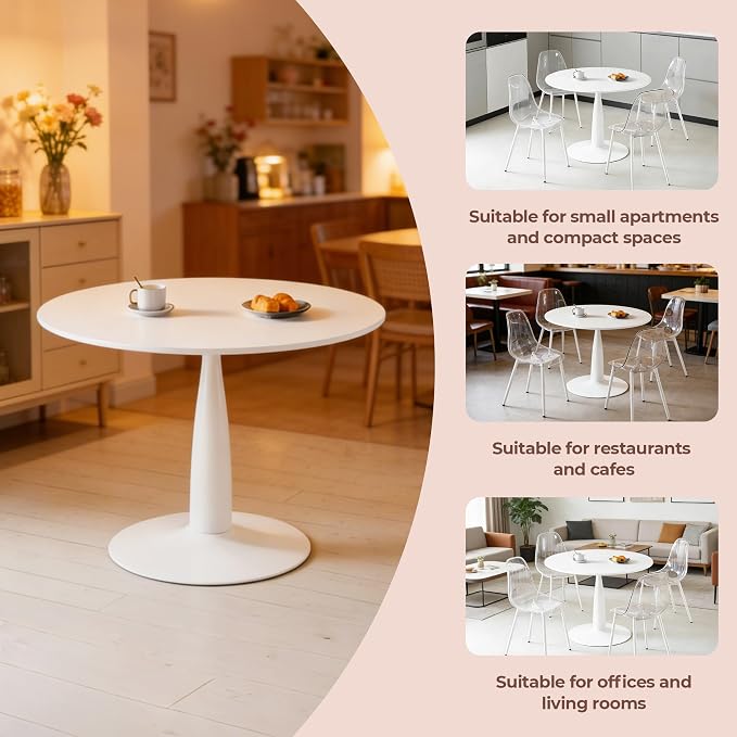 Round Tulip Dining Table 42 Inch White for 2-4 People, Modern Kitchen Table with MDF Top and Metal Pedestal Base, Bistro Table for Apartment Cafe Office Living Room