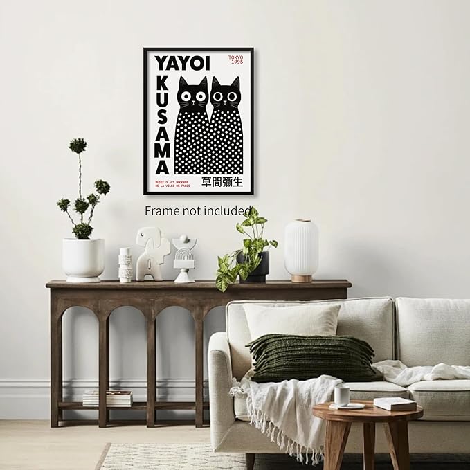 EOLRCIG Black and White Cute Abstract Cat Wall Art Japanese Yayoi Kusama Canvas Poster Modern Fashion Minimalist Painting for Living Room Wall Decor 12X16 inch Unframed Cat Lover Gifts