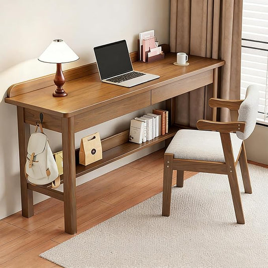 Solid Wood Desk with 2 Drawers, Vintage Narrow Computer Desk with Storage Shelf, Mid Century Modern Desk, Small Writing Desk for Bedroom(39.3" W, Walnut)