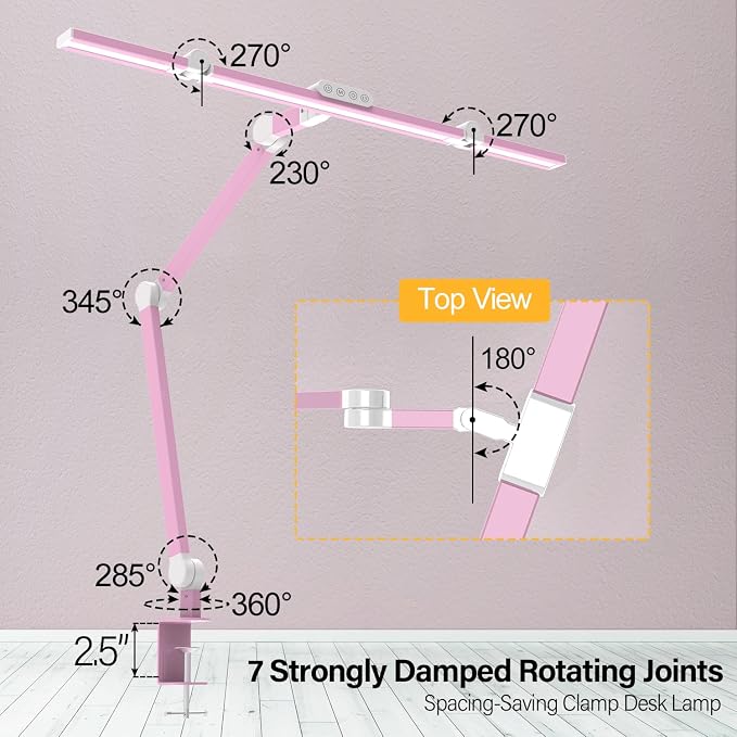 Micomlan Architect Desk Lamp for Home Office, Pink Desk Lamp with Clamp for Working, 24W Bright Rotatable Led Table Light Stepless Dimming Tempering Wide Computer Light for Crafting Puzzle Hobby