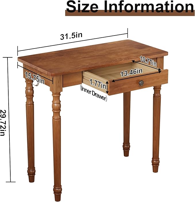 100% Solid Wooden Desk with Drawers - 31.5” Mid Century Modern Desk with 2 Hooks, Vintage Writing Desk with Drawers, Simple Work Study Table for Bedroom & Home Office - Walnut Color