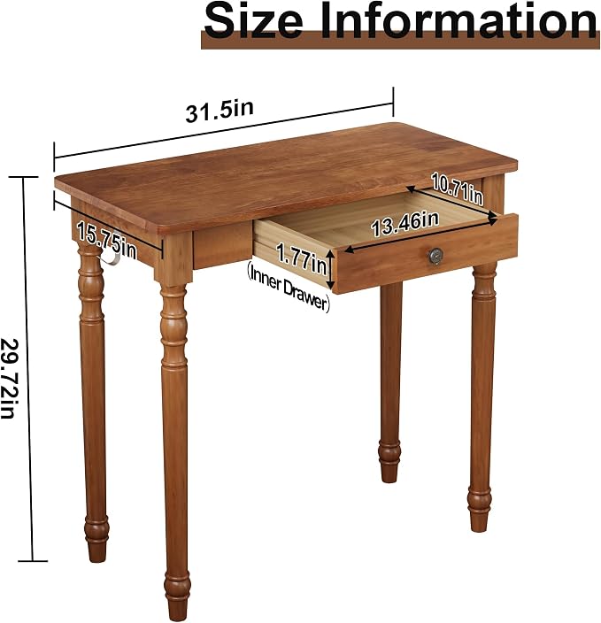 Vintage Solid Wood Writing Desk - 31.5" Mid Century Modern Desk with Drawer, Small Wooden Computer Desks for Home Office, Secretary Desks, Traditional Vanity Dressing Table for Bedroom, Walnut