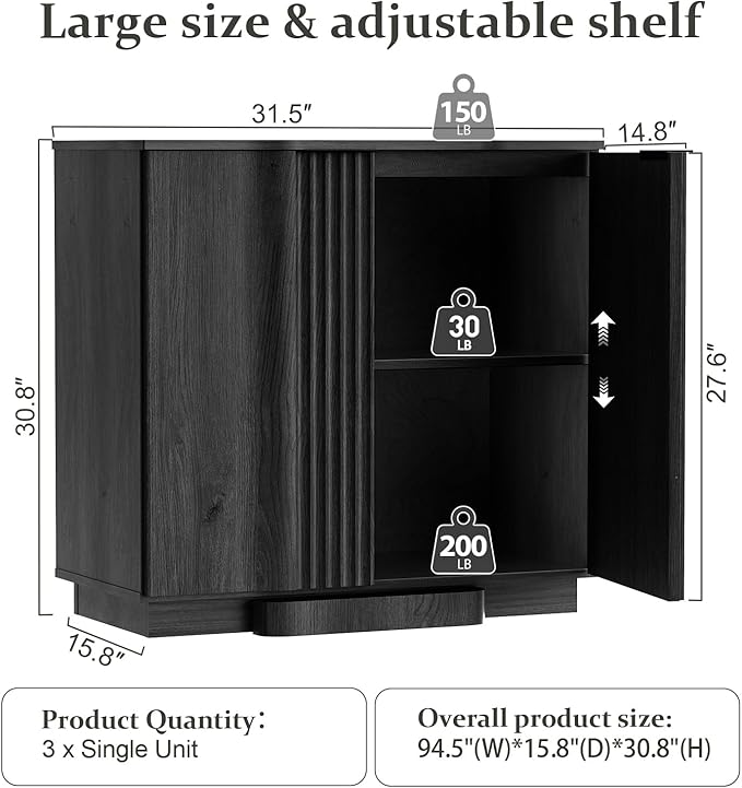 Yechen Buffet Cabinet with Storage, 94.5" Accent Sideboard Modern Credenza Set of 3 with Doors & Adjustable Shelves Fluted Media Console Wood Coffee Bar Table for Living Kitchen Dining Room Black