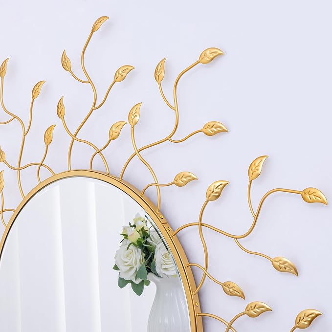 Chende 47" x 47" Large Round Decorative Mirror, Living Room Wall Mirror with Metal Leaves, Gold Mirror Wall Decor with Frame for Hallway, Dining Room, Bedroom