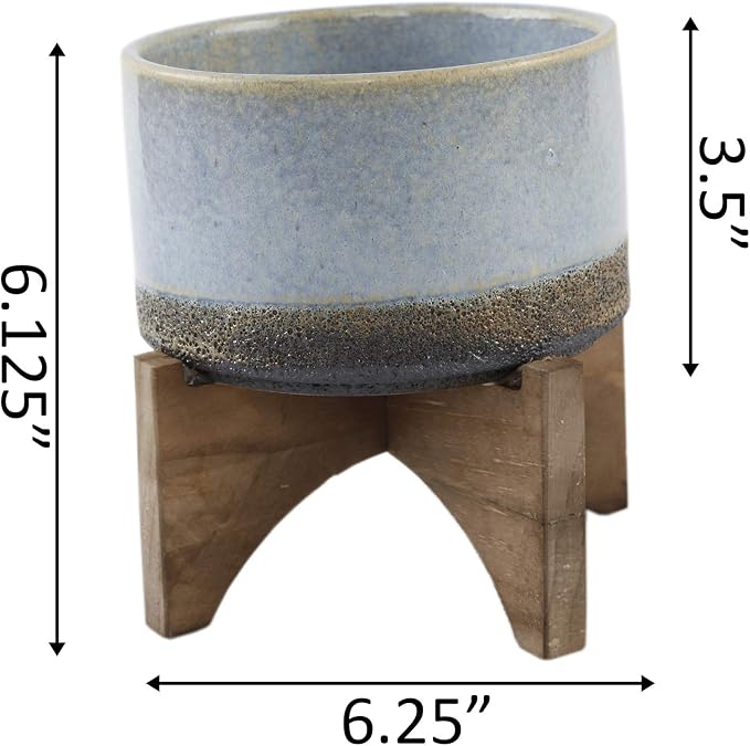 Flora Bunda Mid Century 5.1 inch Lava Ceramic ON Wood Stand,Blue