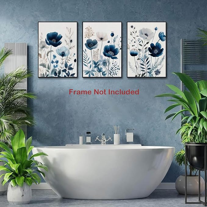 BingruiArt Navy Blue Wall Art Canvas Abstract Floral Painting Blue and Gray Posters Watercolor Flower Decor Wildflower Pictures Botanical Prints for Living Room Bedroom Bathroom 3 Pcs 12x16in Unframed