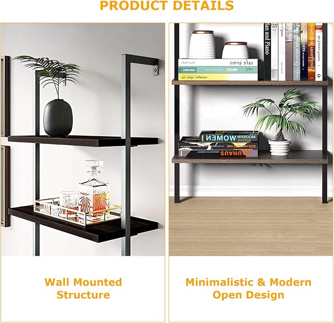 5 Tier Wall Mounted Ladder Shelf, Ladder Bookshelf with Metal Frame and Wood Shelf, Modern Learning Bookcase for Living Room, Bedroom, Office (23.6" W x 11.8" D x 70.8" H, Dark Walnut)
