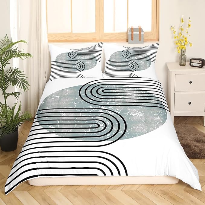 Erosebridal Mid Century Bedding Sets Queen Modern Minimalism Comforter Cover, Navy Blue Grunge Bed Set Black Stripe Duvet Cover, Aesthetic Abstract Quilt Cover 3pcs with 2 Pillow Case (Zipper Closure)