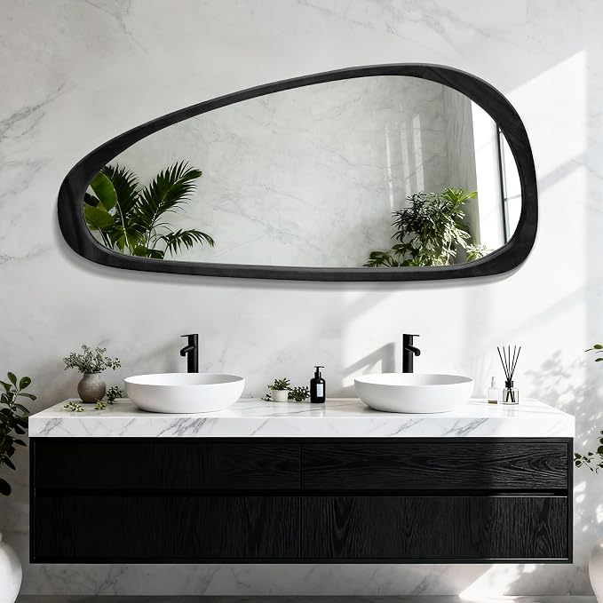 22‘’x48'' Asymmetrical Rustic Wall Mirror for Bathroom Black Wood Frame, Irregular Classic Mirror Farmhouse Vanity Mirror,Mid Century Modern Mirror Decor Living Room, Bedroom, Entryway