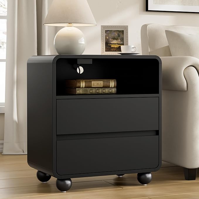 Lulive Wood Night Stand with Drawers, Modern Bedside End Table with Charging Station, Curved Profile Design Storage Nightstand for Bedroom, Black