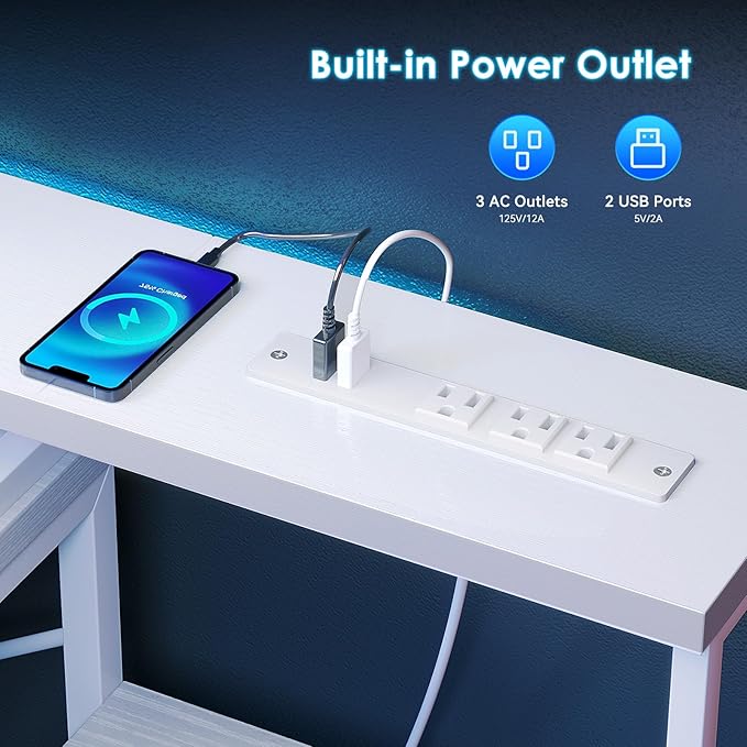 ODK 55 Inch Computer Desk with 4 Drawers, Office Desk with Power Outlets, Printer Shelf & Storage Shelves, Large Writing Study Table for Home, Bedroom, Study or Gaming Setup, White