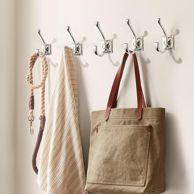 Large Wall Hooks 10 Pack Polished Nickel Coat, Towel, Double Robe Hooks - 4.35 Inch, Wall Mounted with Screws for Hangers, Bags, Cups, Hats