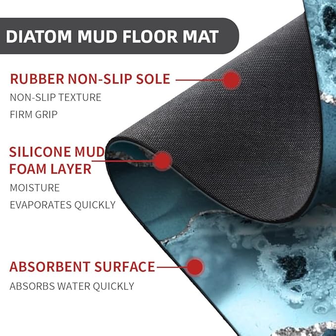 Diatomaceous Earth Bath Mat,Blue and Silver Marble Non-Slip Volume Super Absorbent Fast Drying for Bathroom Kitchen Door mat,Eco-Friendly Easy to Clean 17×27.5Inch (43 * 70cm)