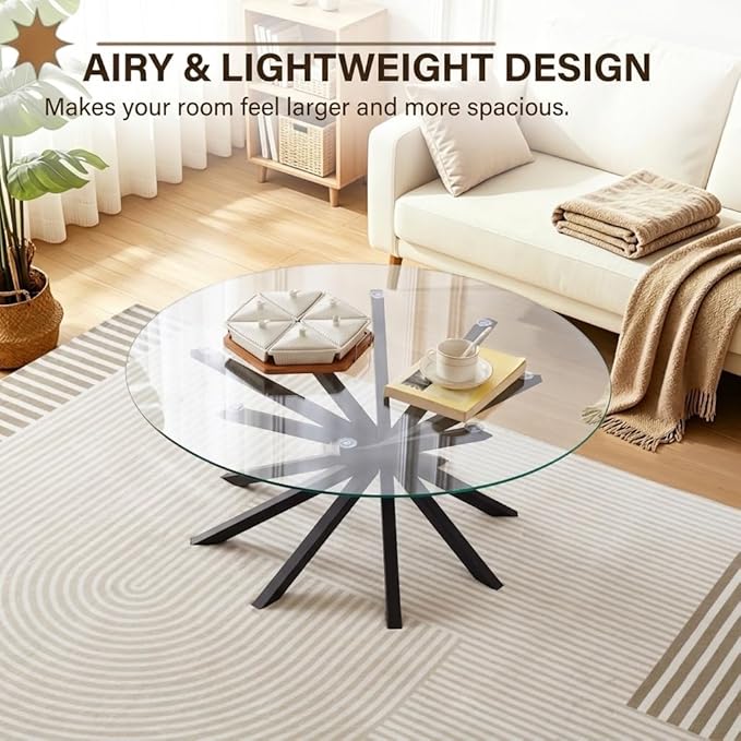 Round Glass Coffee Table-Mid Century Modern Coffee Table with Clear Glass Top&Solid Wood Mortise Interlocking Starburst Legs Design for Living Room,Office,Hotel Lobby,Commercial Environments