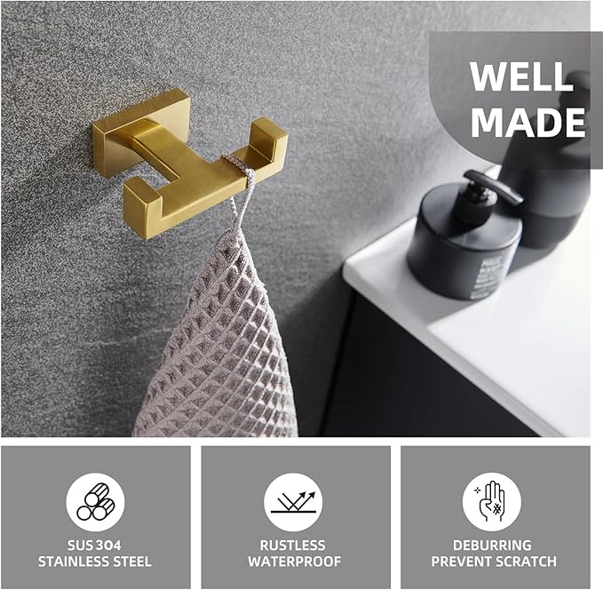 Angle Simple Towel Hook for Bathroom, SUS 304 Stainless Steel Hand Towel Holder, Double Robe Coat Hook for Wall, Brushed Dark Gold