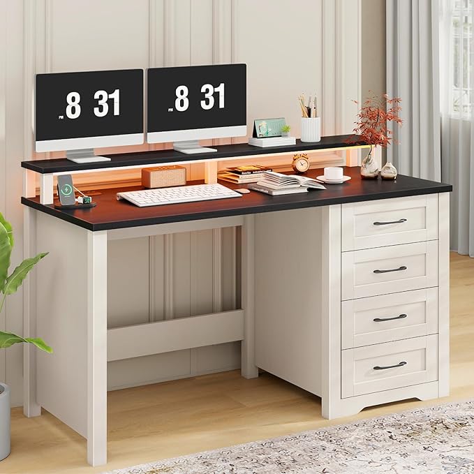 Vabches 47" Farmhouse Executive Desk with Monitor Stand and LED Lights,4 Drawers Computer Desk with Power Outlets,Large Workspace for Work Study Writing, (Black)