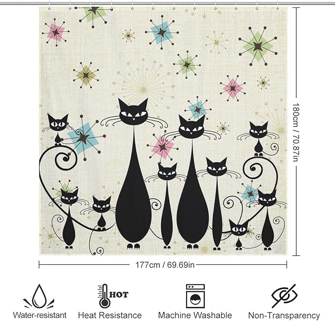 Mid Century Black Cat Shower Curtain,Retro Funny Atomic Cat Modern Abstract Geometric Iconic Pattern Bathroom Curtain Polyester Waterproof Fabric Decor 72x72in（183x183cm）
