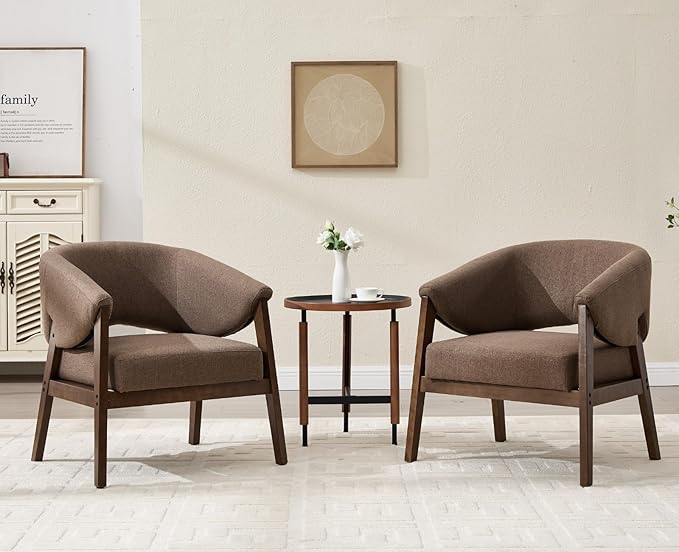 CIMOTA Mid-Century Modern Accent Chair, Comfy Barrel Armchair with Wide Seat, Upholstered Lounge Chair with Walnut Wood Legs for Living Room/Bedroom/Reading Corner, Linen Fabric, Brown, 1PC