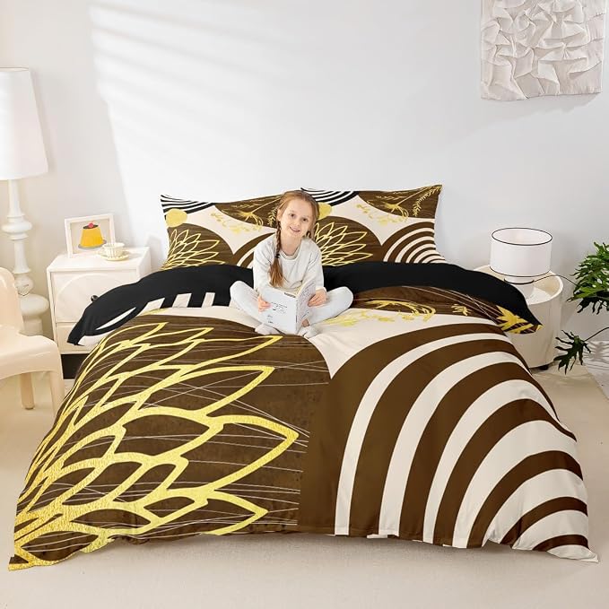 Erosebridal Boho Mid Century Duvet Cover Full Size for Women Men Adults | Minimalist Modern Comforter Cover Brown and Beige Geometric Bedding Set Aesthetic Modern Abstract Bed Set