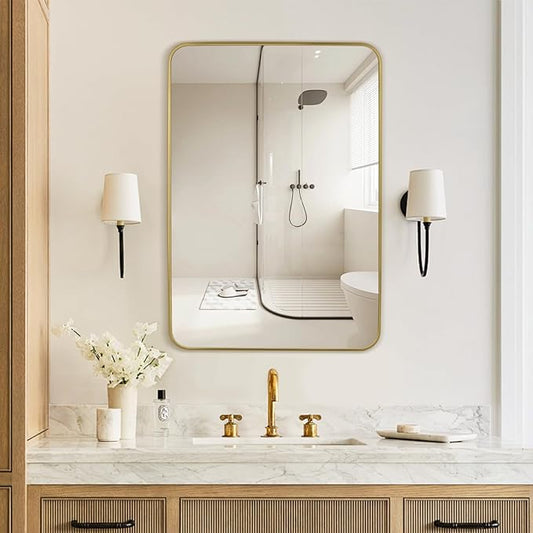 Gold Wall Mirror for Bathroom 24X32 Inch Stainless Steel Metal Frame Bathroom Vanity Mirror Rounded Rectangle Mirror Rustproof for Entryway, Living Room Hangs Vertically or Horizontally
