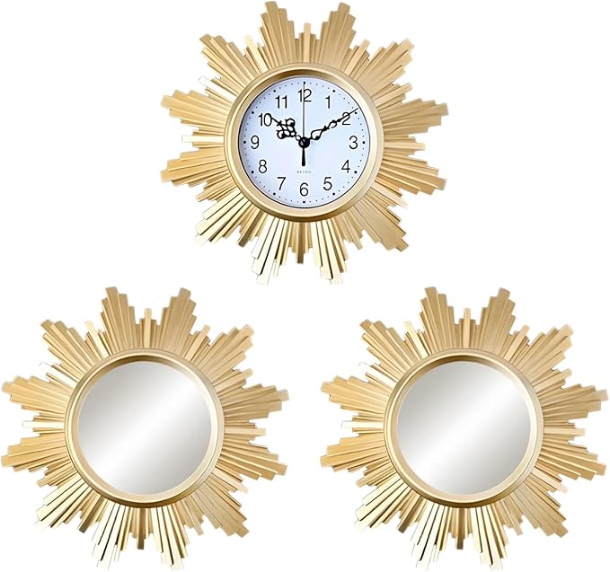 3 Pcs Gold Retro Sunburst Wall Decor Set, 9.8 In Clock And Mirror, Vintage Art, Lightweight, Simple Installation