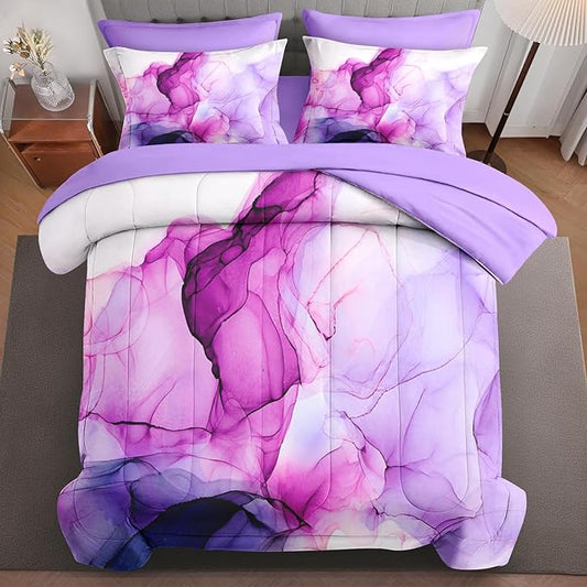 7Pcs Comforter Set King Size, Blue Purple Lavender Marble, Bedding Decor Pink Watercolor Smoke Abstract Shapes Bedroom Bed Set Flat Sheet Fitted Sheet Pillowcases Shams for Kids Adults