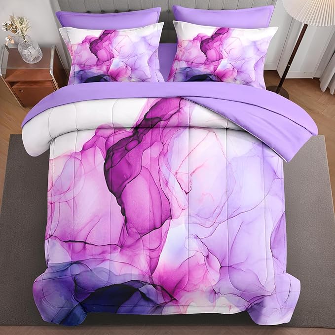 7Pcs Comforter Set Full Size, Blue Purple Lavender Marble, Bedding Decor Pink Watercolor Smoke Abstract Shapes Bedroom Bed Set Flat Sheet Fitted Sheet Pillowcases Shams for Kids Adults
