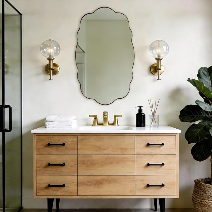 ANDY STAR Brushed Gold Oval Bathroom Mirror, 24x40 Inch Modern Wavy Scalloped Wall Mirror, Anti-Rust Brass Metal Mirror for Bathroom Hang Vertical or Horizontal