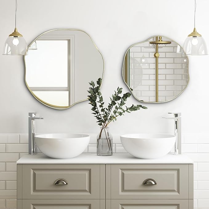 POZINO Gold Irregular Mirror, 20" Asymmetrical Wall Mirror, Scalloped Rounded Mirrors, Modern Frameless Abstract Mirrors for Living Room Bedroom Bathroom Entryway Hallway Fireplace
