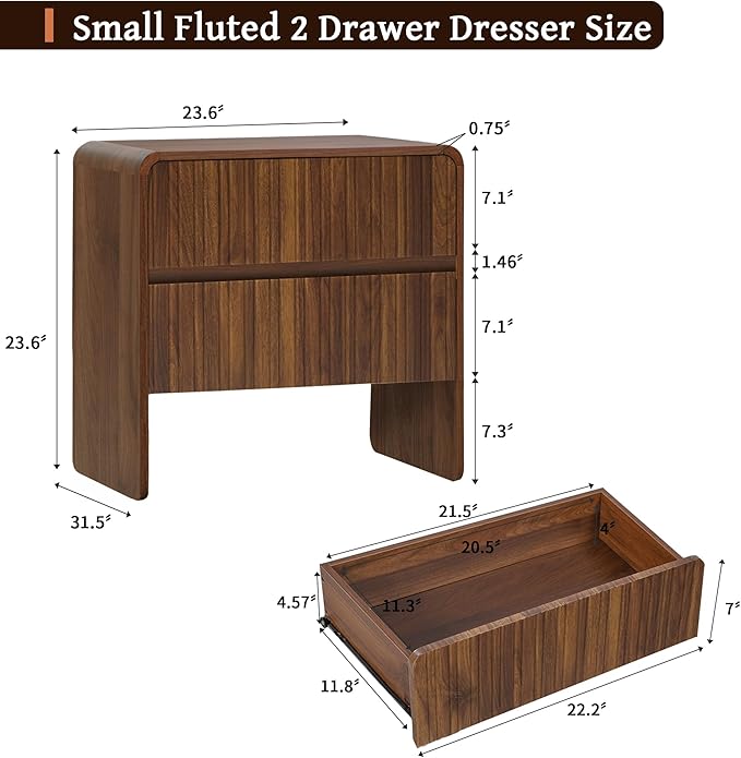 Flute 2 Drawer Dresser,Mid Century Modern Small Nightstand with 2 Drawer for Bedroom, Wood Side Table with Curved Profile for Living Room,Hallway,Enterrway