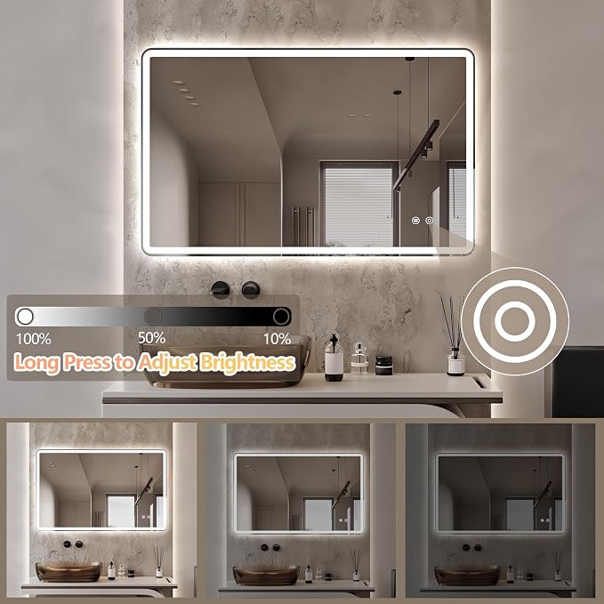 Niccy 30"x48" LED Bathroom Mirror, Rectangle Vanity Mirrors with Lights, Frontlit & Backlit Lighted Vanity Mirror, Memory Funtion, 3 Colors & Stepless Dimmable, Anti-Fog, Horizontal/Vertical