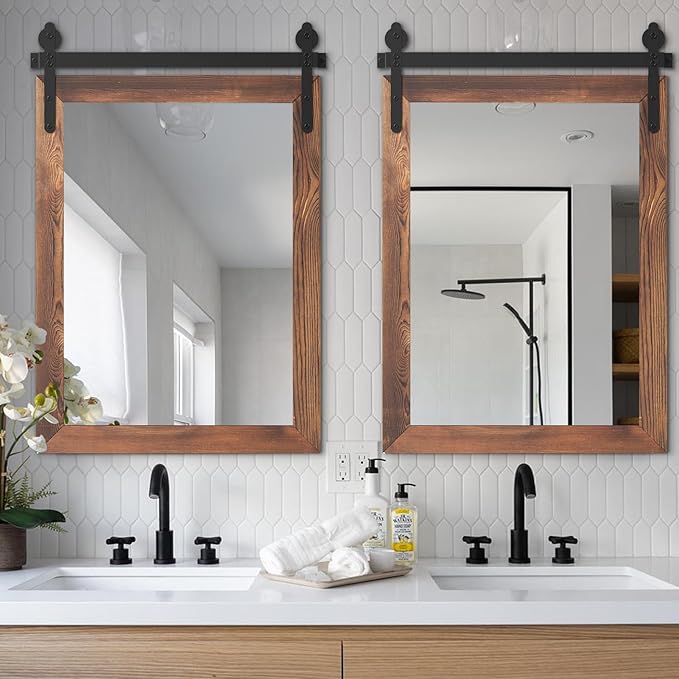 YOSHOOT Farmhouse Barn Door Wall Mirror, 32"x24", Rustic Wood Framed, Vintage Style, for Bathroom/Living Room/Entryway, Brown, Vertical Hanging ONLY