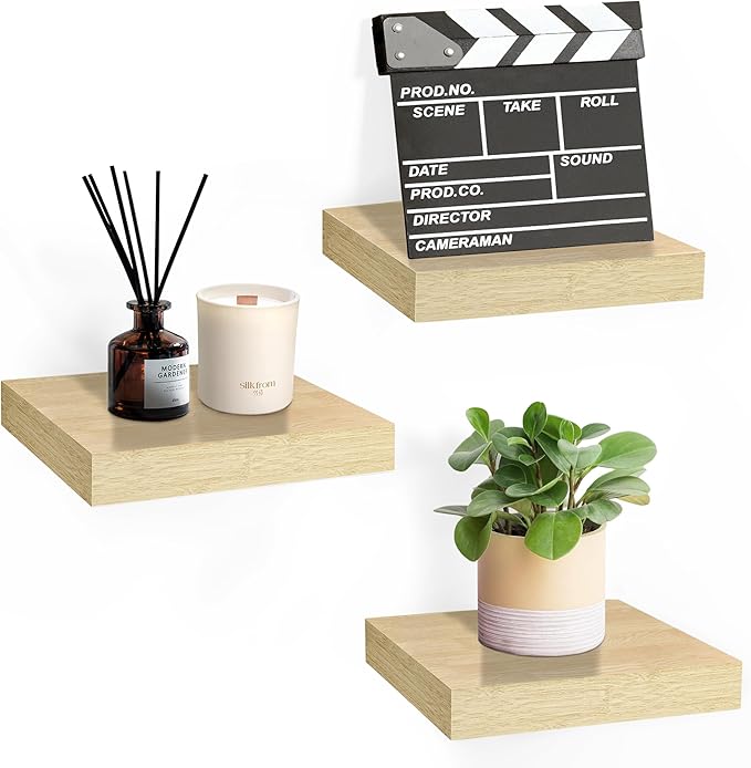 Sorbus 9X9 Inch Floating Shelves for Wall – Square Floating Shelf with Invisible Mounting Bracket for Kitchen, Bedroom, Living Room & Bathroom Decor – Rustic Showcase Wall Shelf (Maple Wood, 3 Pack)