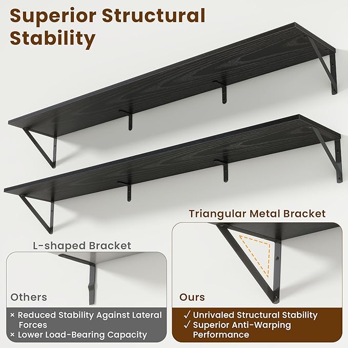 55" Long Wall Mounted Floating Shelves,8 inch Deep Floating Shelf with Metal Brackets Set of 2,Easy-to-Install Wall Decor Storage Ledges for Living Room,Bathroom,Bedroom,Kitchen,Office,Black