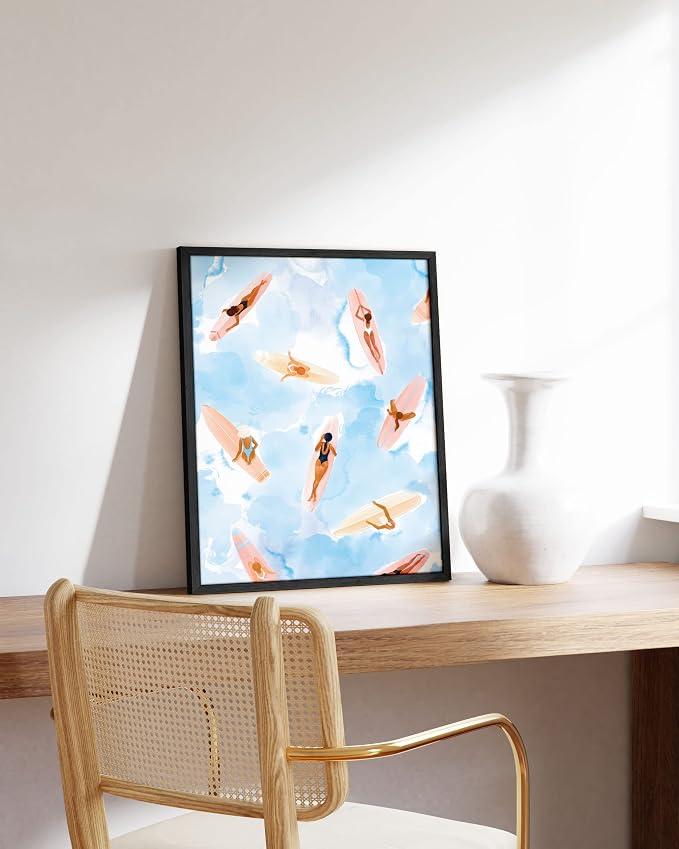 HAUS AND HUES Surfer Beach Poster - Watercolor Surfing Wall Art, Coastal Room Decor (Black Frame, 16x20)