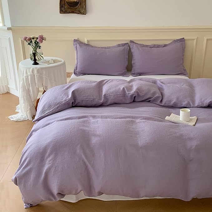 Simple&Opulence 100% Linen Duvet Cover Set with Washed-French Flax-3 Pieces Solid Color Basic Style Bedding Set-Breathable Soft Comforter Cover with 2 Pillowshams (Full, Lilac)