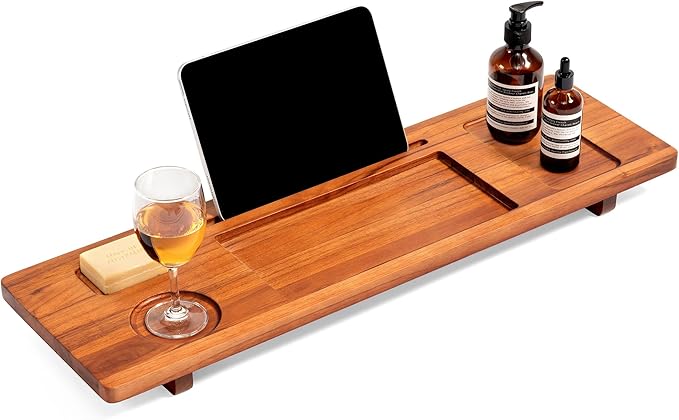 Teak Bathtub Tray Caddy - 29" Wide Adjustable Bathtub Table for Freestanding Tubs, Non-Slip Design with Phone/Wine Holder, Natural Bath Spa Essentials