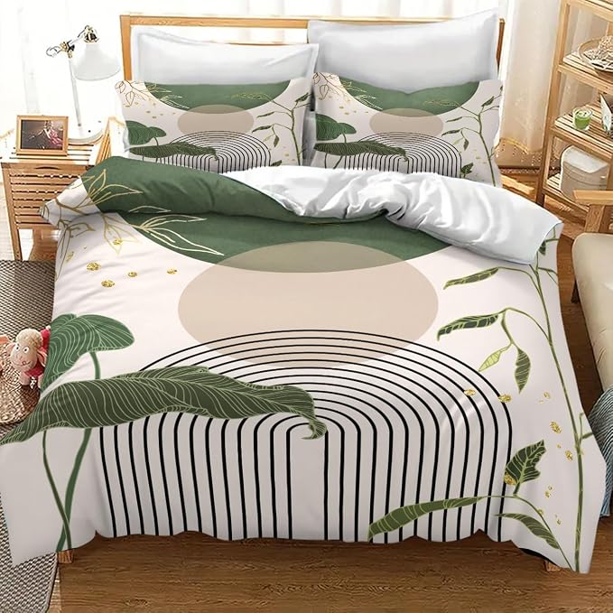 Boho Sage Green Comforter Set,Mid Century Tropical Plant Palm Leaves Abstract Minimalist Geometic Modern Bedding Set with Pillowcase for Bedroom Bed Decor,Full 79"x90"
