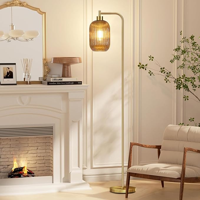 Floor Lamp for Living Room,Bedroom,Gold Dimmable Standing Lamp with Remote,Mid Century Modern Brass Tall Lamp Retro Vintage Glass Lamp Floor Light Boho Bohemian