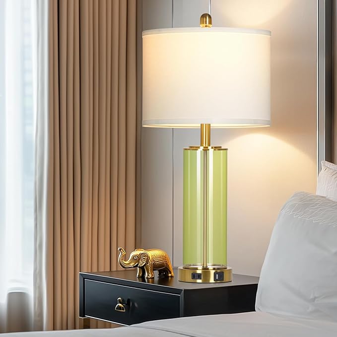 Ruzectt 26" Green Glass Table Lamps for Bedside, Modern Living Room Lamps Set of 2, Elegant Coastal Bedroom Lamp with USB A+C Ports & AC Outlet, 3-Way Dimmable Touch Lamp for Nightstand Dining Table