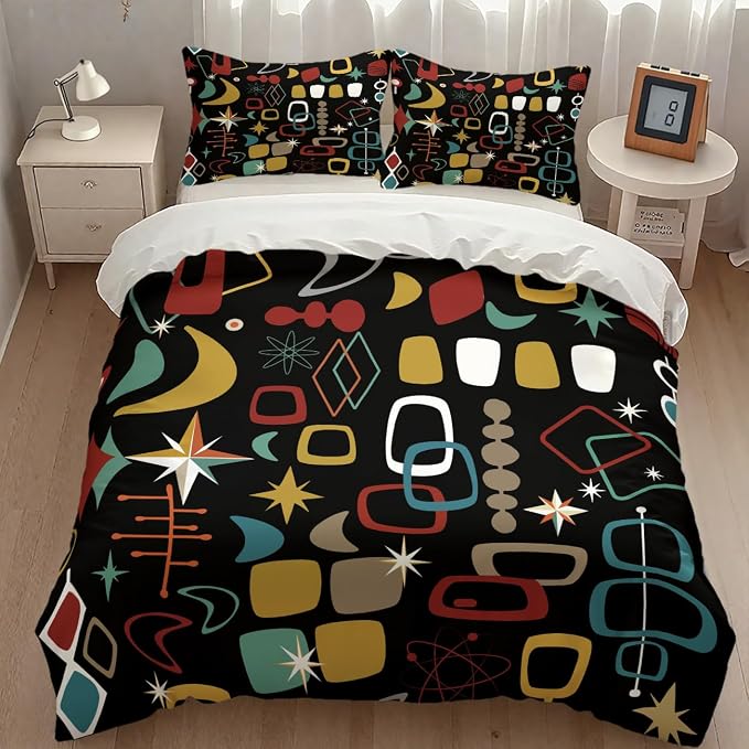 Modern Geometric Comforter Set,Retro Mid Century Colorful Diamond Abstract Geometric Vintage 60s 70s Pattern Bedding Set with Pillowcase for Bedroom Bed Decor,Queen 90"x90"