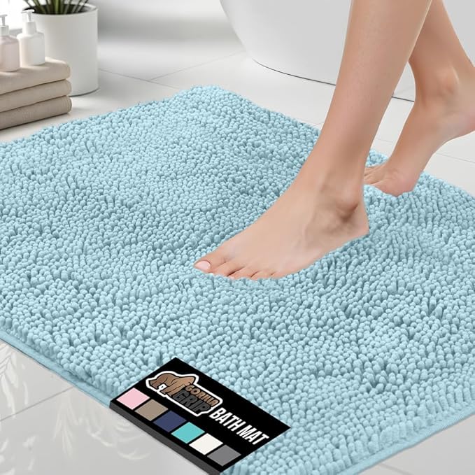 GORILLA GRIP Bath Rug Mat, Thick Soft Absorbent Chenille, Quick Dry Microfiber Mats, Rubber Backing Washable Shower Floor Rugs, US Designed Bathroom Bathmat Home Decor Accessories, 24x17, Sky
