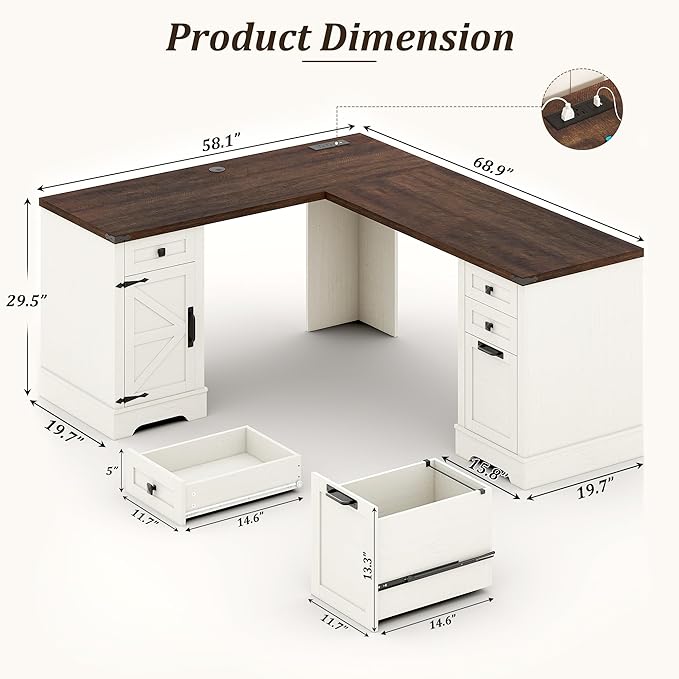 Squireewo 68.9'' Farmhouse L Shaped Desk with Drawers, Wood Executive Home Office Desk with Charging Station, File Drawers and Storage Cabinet, Computer Corner Desk for Work, Study and Writing, White
