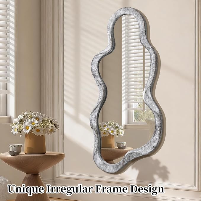Irregular Wooden Framed Wall Mirror Modern Asymmetrical Unique Hanging Mirror Artistic Unique Cloud Shape Wall Decor Bathroom Vanity Bedroom Living Room Entryway Hallway Large 47" x 22"