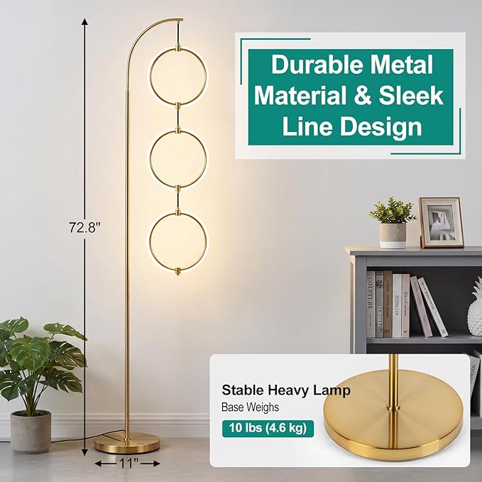 Bairth Gold 3-Light LED Floor Lamp, Modern Arc Floor Lamp for Living Room, Industrial Stepless Dimmable & 3-Way Dimmable Tall Arch Standing Floor Lamp for Reading, Bedroom, Office, Antique Brass