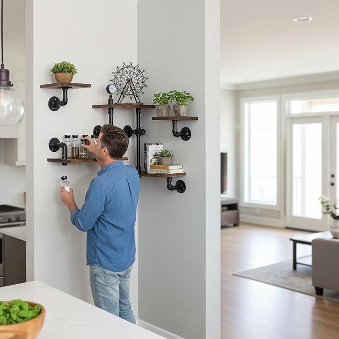 Industrial Rustic Modern Wood Ladder Pipe Wall Mounted Floating Shelves - Set of 3 Bookshelf,DIY Storage Shelving,Hung Bracket,Bookcase (Set of 3 Ladder Shelves)