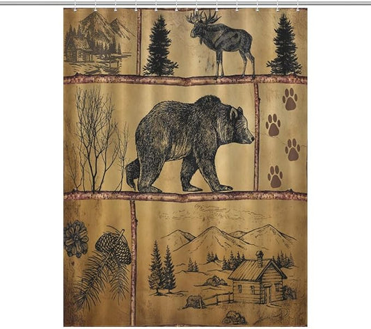 Rustic Cabin Vintage Bear Shower Curtain, Farmhouse Country Antique Bear Moose Forest Vintage Wood Camping Waterproof Shower Curtains for Bathroom Decor 12 Pack Hooks 55x72in（140x183cm）