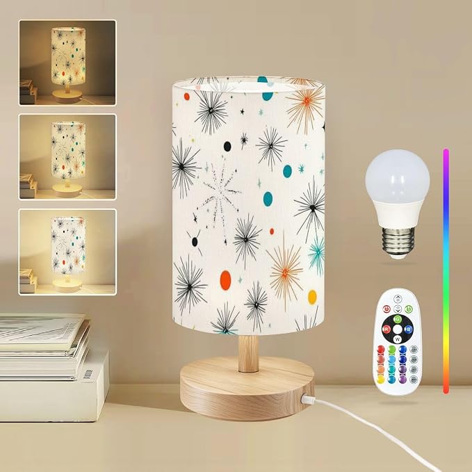 Bedside Table Lamp Seamless 50s Retro Pattern Atomic Starbust Mid Century Modern 16-Way Dimmable Small Desk Lamp with Round Flaxen Fabric Shade for Nightstand Bedroom Living Room Home Decor