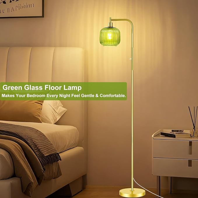 Vinaco Glass Arc Floor Lamps for Living Room, Brused Gold Floor Lamp with Ribbed Glass Shade, Dimmable Tall Lamps with Rotary Switch, Modern Standing Lamp with Bulb Included for Bedroom, Study Room